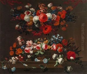 A Flower Garland With Flower Basket On A Stone Base A Flower Garland With Flower Basket On A Stone Base