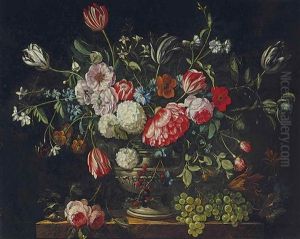 Tulips, Roses, Peonies, Snowballs And Other Flowers With Blackberries In An Urn With Grapes On A Stone Ledge by Pieter Casteels III