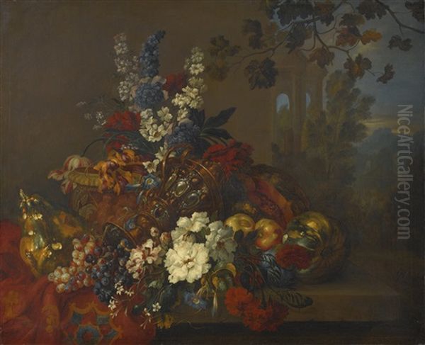 Still Life With Flowers And Fruit, With An Upturned Vase And A Sculpted Urn, In An Italianate Setting by Pieter Casteels III