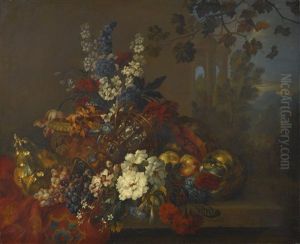 Still Life With Flowers And Fruit, With An Upturned Vase And A Sculpted Urn, In An Italianate Setting