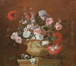 Poppies, Roses And Other Flowers In A Terracotta Urn