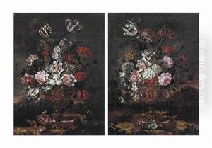 Classical Vases, Decorated With Medallions Of Roman Emperors, With Flower Bouquets, Standing On A Red Marble Pedestal In A Landscape (pair)