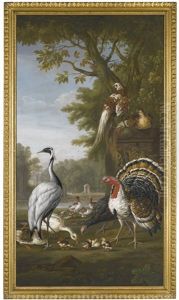 A Heron, Turkeys, Ducks And Pheasants By A Lake In An Ornamental Garden; Pheasants And Chicks, A Pair Of Magpies And Pigeons In A Wooded Park, Buildings Beyond (pair) by Pieter Casteels III