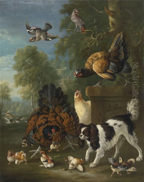 A Family Of Chickens Fending Off A Spaniel In A Landscape - view 1