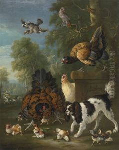 A Family Of Chickens Fending Off A Spaniel In A Landscape