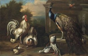 A Cockerel, A Hen, Chicks, Pigeons, A Peacock And A Finch Beside A Fountain In A Landscape by Pieter Casteels III