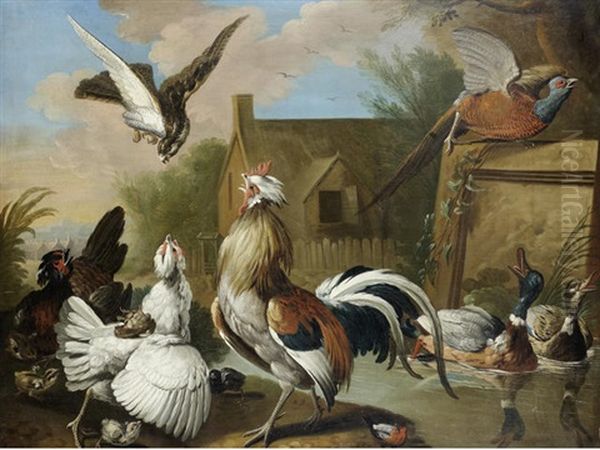 A Cockerel, Hens, A Pheasant, Ducks And Other Birds In A Landscape - view 1