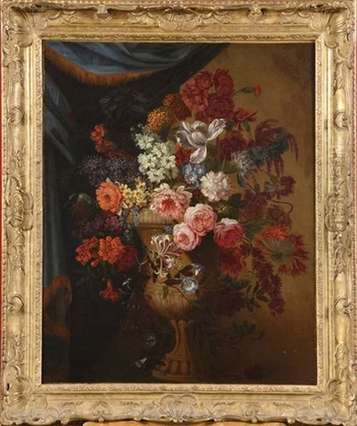Vase De Fleurs Devant Une Tenture - view 1