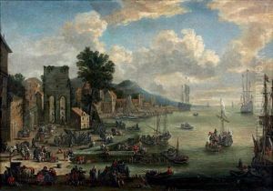 Port Mediterraneen Avec Personnages Et Porte Antique A Gauche