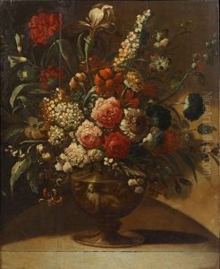 Roses, Peonies, Lilies And Other Flowers In A Bronze Urn, On A Stone Ledge