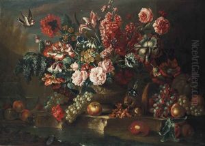 Roses, Poppies, Convolvulus And Other Flowers In A Sculpted Urn On A Stone Ledge, With Grapes, Peaches, A Pumpkin, A Squirrel Eating Hazelnuts...