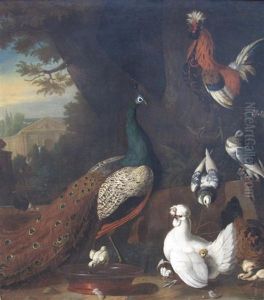 A Peacock And Domestic Fowl In The Grounds Of A Country House