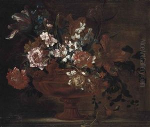 Parrot Tulips, Narcissi, Snowdrops, Hyacinths And Other Flowers In A Sculpted Vase On A Ledge