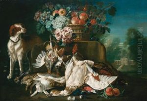 A Still Life In A Formal Garden Setting With Fruit Spilling Out Of A Basket Set On A Stone Ledge, A Spaniel And Dead Game On The Ground Beneath by Pieter Casteels III