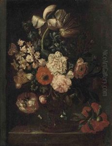 Roses, Tulips And Morning Glory In An Urn On A Stone Ledge, With A Butterfly, A Fly And A Beetle