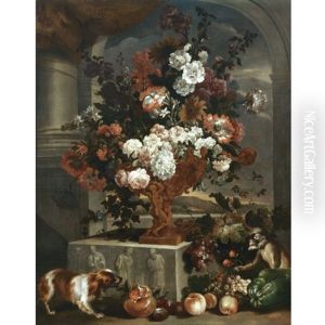 Still Life With A Large Bouquet Of Flowers In A Sculpted Bronze Urn Resting On A Carved Stone Base, Together With A Spaniel, A Monkey And Various Fruits