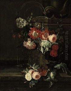 An Iris, Ornamental Poppies, Roses, Hollyhocks And Other Flowers Decorating A Classical Fountain