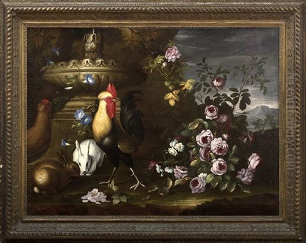 Still Life With A Cockerel, Hen And Rabbits Gathered Around A Classical Vessel - view 1