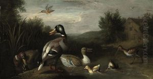 A Wooded River Landscape With A Male And Female Mallard, Ducklings, A Snipe, A Kingfisher And Another Duck