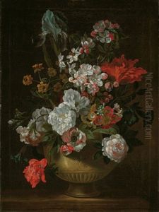 Iris, Tulips, Roses, Carnations And Other Flowers In An Urn On A Stone Ledge by Pieter Casteels III