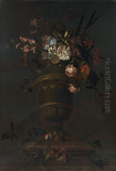 Bouquet De Fleurs Et Fruits Disposes Sur Un Entablement - view 1