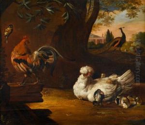A Cockerel, Hen, Chicks, Peacock And Other Birds In An Ornamental Landscape by Pieter Casteels III