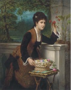 Arranging Flowers On The Balcony by Bernardo Amiconi
