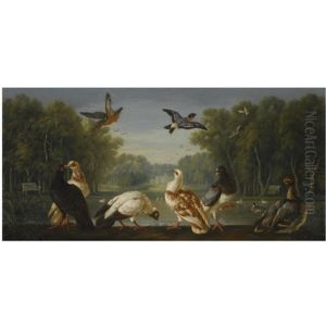 A Park Landscape With A Kingfisher, A Bullfinch, Doves, Ducks And Other Birds In The Foreground by Pieter Casteels III