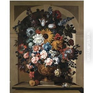 Still Life Of Roses, Sun Flower, Morning Glory, Hyacinths, Anemones, Parrot Tulips And Other Flowers, In A Bronze Sculpted Vase, In A Niche