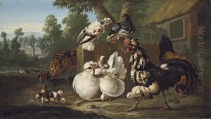 Cockerels, Chicks And Pigeons In A Farmyard by Pieter Casteels III