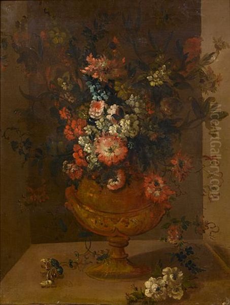 Roses, Carnations, Convolvulus And Other Flowers In A Bronze Vase Displayed In A Niche - view 1