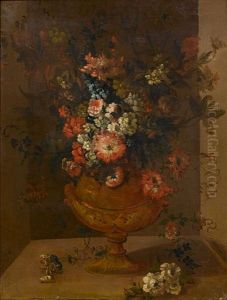 Roses, Carnations, Convolvulus And Other Flowers In A Bronze Vase Displayed In A Niche