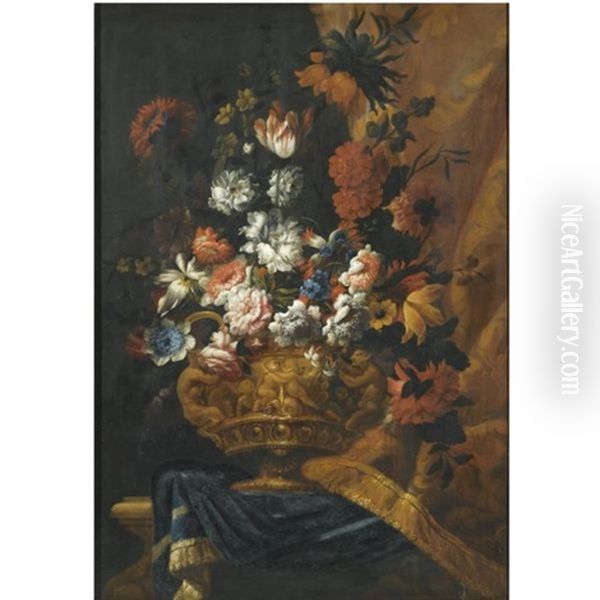 Still Life With Flowers In An Elaborate, Sculpted Bronze Urn, Resting On A Stone Ledge - view 1