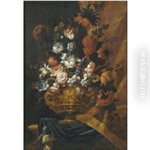 Still Life With Flowers In An Elaborate, Sculpted Bronze Urn, Resting On A Stone Ledge