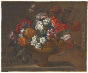 Peonies, Tulips And Other Flowers In An Urn On A Ledge by Pieter Casteels III