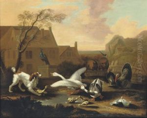 A Spaniel Threatening Geese In A Farmyard by Pieter Casteels III