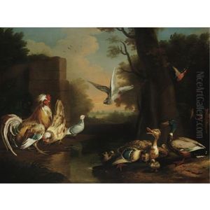 A Rooster, Hen, Ducks And Other Birds In A Landscape by Pieter Casteels III
