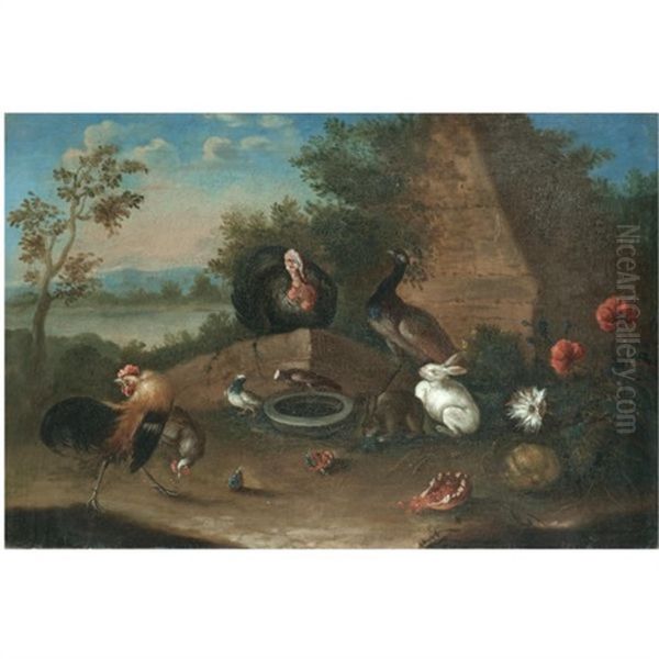 A Landscape With A Cockerel, A Hen, A Turkey, A Peacock And Other Birds With Rabbits - view 1