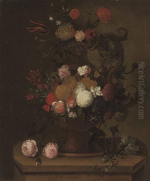 Chrysanthemums, Carnations, Roses, A Tulip And Other Flowers In An Urn, On A Plinth - view 1