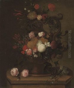 Chrysanthemums, Carnations, Roses, A Tulip And Other Flowers In An Urn, On A Plinth