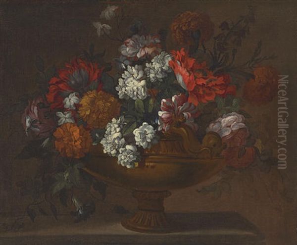 Peonies, Tulips And Other Flowers In An Urn, On A Ledge - view 1
