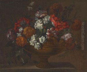 Peonies, Tulips And Other Flowers In An Urn, On A Ledge thumbnail