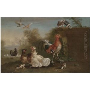 A Cockerel, Hens, Chicks, Pigeons And Other Fowl In A Park Landscape
