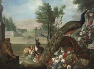 A Peacock By A Basket Of Up-turned Fruit, Rabbits And A Monkey, By An Urn And Hollyhocks by Pieter Casteels III