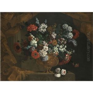 Still Life Of Flowers In A Gilt Urn On A Stone Ledge