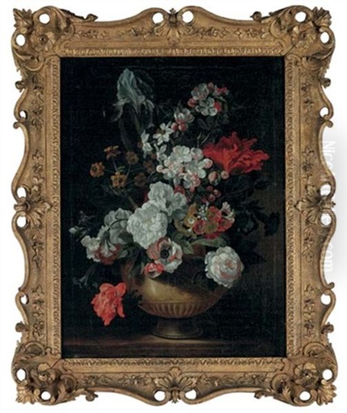 Tulips, Roses, Carnations, An Iris And Other Flowers In An Urn On A Stone Ledge - view 1