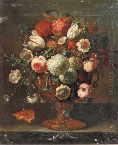 Roses, Tulips, Violets, Hydrangeas And Other Flowers In An Earthenware Vase On A Stone Ledge by Pieter Casteels III