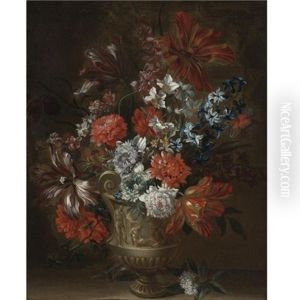 Still Life Of Tulips, Peonies, Narcissus And Other Flowers In A Sculpted Vase