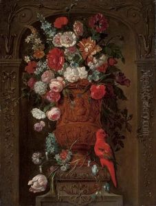Roses, Carnations, Tulips, Narcissi And Other Flowers In A Gold Sculpted Urn In A Casement, With A Parrakeet by Pieter Casteels III