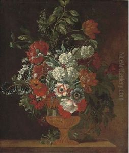 Parrot Tulips, Chrysanthemums, Hydrangeas, Poppies, Blue Bells, Hyacinths And Other Flowers In Sculpted Urn On A Stone Ledge by Pieter Casteels III